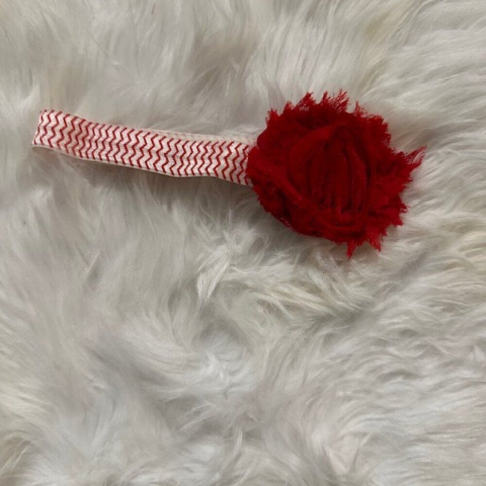 Red 2" Shabby Flower on a Chevron elastic headband  7520  Handmade NWT Boutique